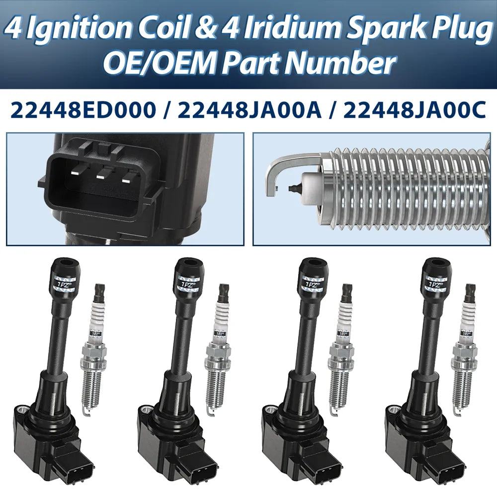 H3411 1PZ JD5-N49 Ignition Coil Pack and Iridium Spark Plug UF549 9029 Compatible With 2007-2019 Nissan Altima Cube Rogue Sentra Versa NV200 1.6L 1.8L 2.0L 2.5L L4 Set of 4
