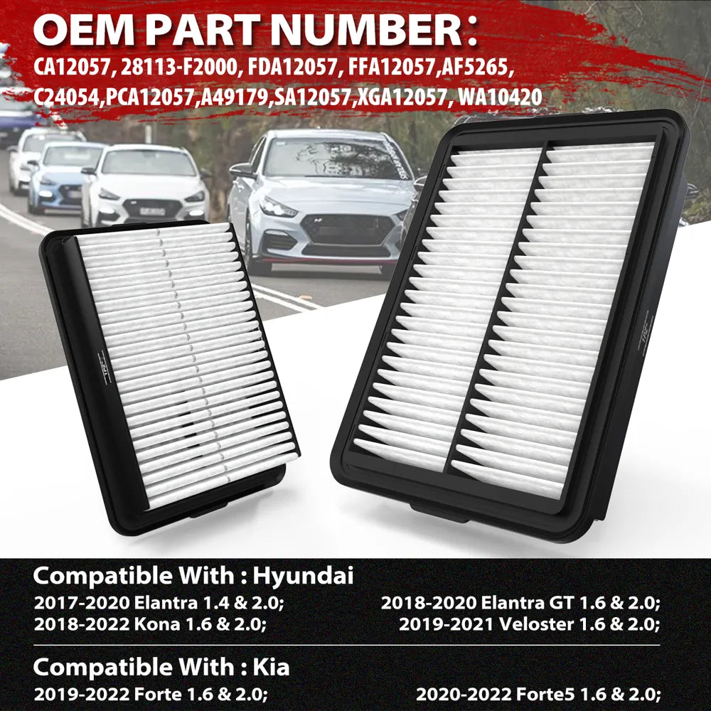 H3395 CA12057 Engine Air Filter 2 Pack for 2017-2020 Elantra | Fits 2018-2023 Kona, 2019-2021 Veloster, 2019-2023 Kia Forte, 2020-2023 Forte5 and Soul; 1.4L, 1.6L, 2.0L